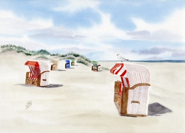 Poster DIN-A3 Aquarell Kunst Druck Kunstdruck Strandkorb Sonnenuntergang Nordsee Insel Juist - Strandkorbe am Strand - Juist 8